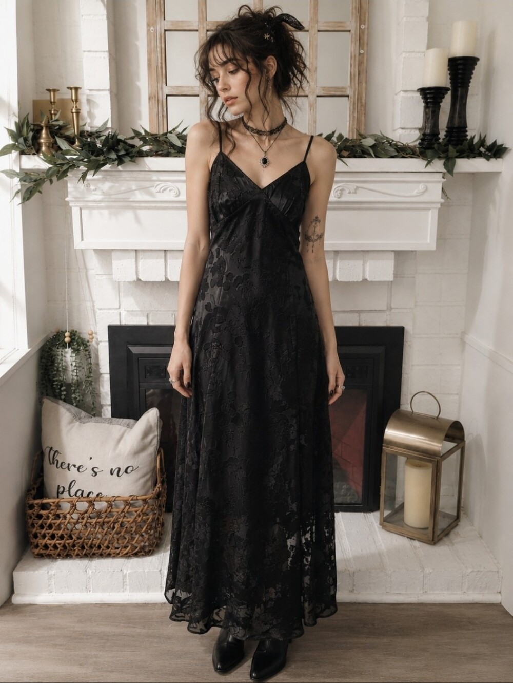 Vintage 90s Gold Label Victoria's Secret Black Burnout Floral Maxi Slip Dress M - Picture 1 of 8